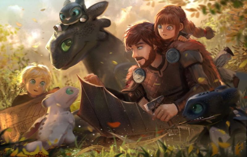 Иккинг с детьми и драконом художник Andyliongart.jpg